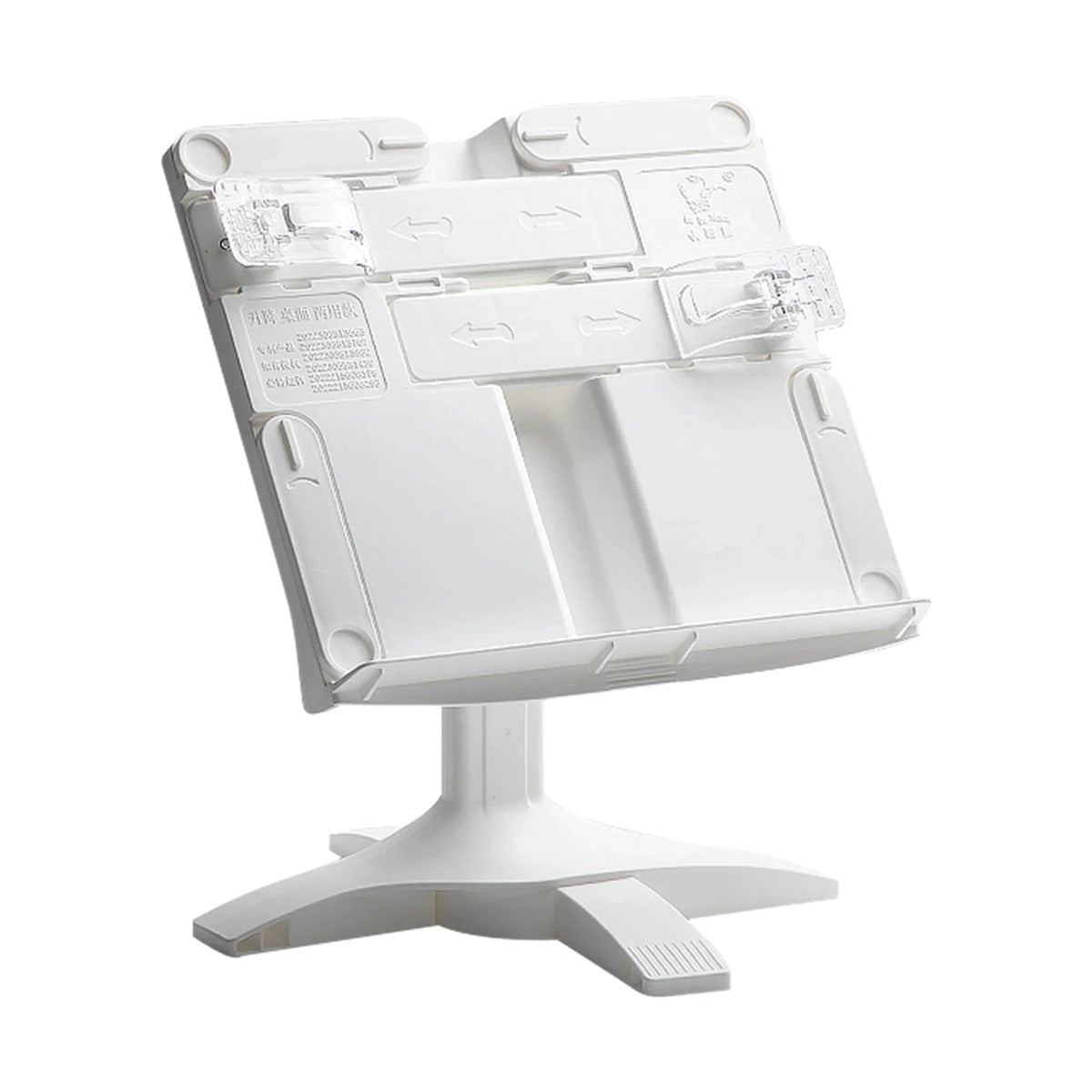 Support de lecture blanc réglable en hauteur, sur fond blanc