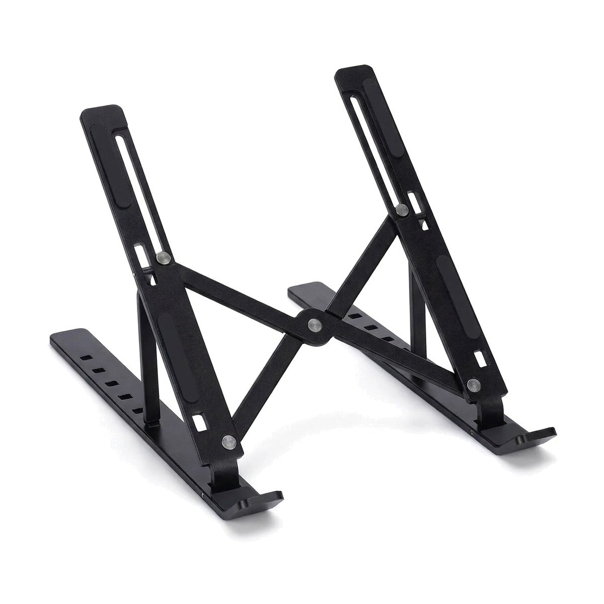 Support d'ordinateur portable pliable noir, déplié, sur fond blanc