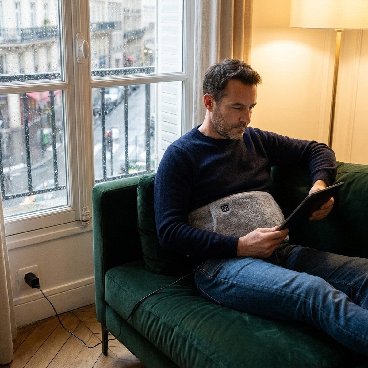 Mise en situation : lecture sur le canapé, la ceinture chauffante autour de la taille