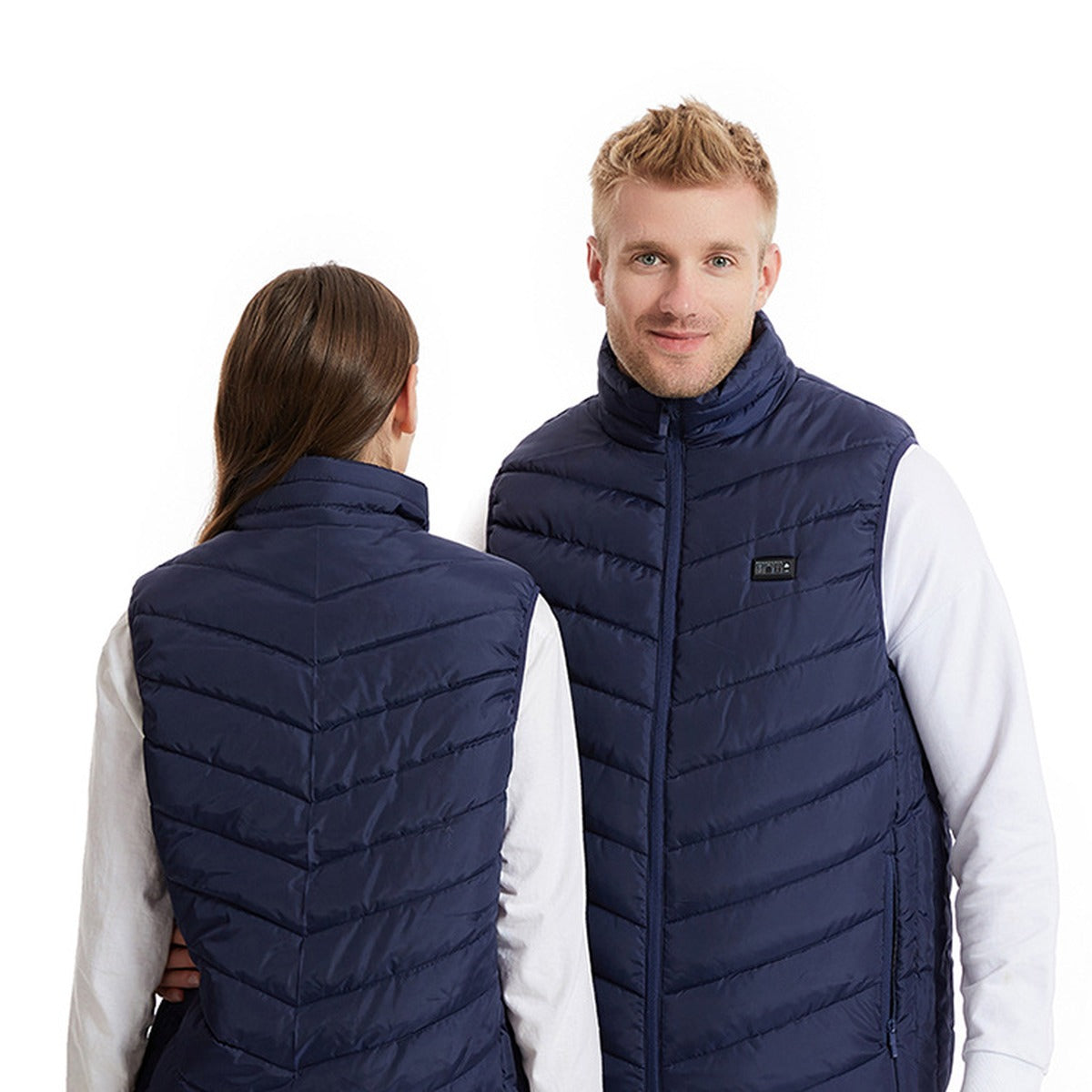 Gilet chauffant bleu marine, vu de dos et de face
