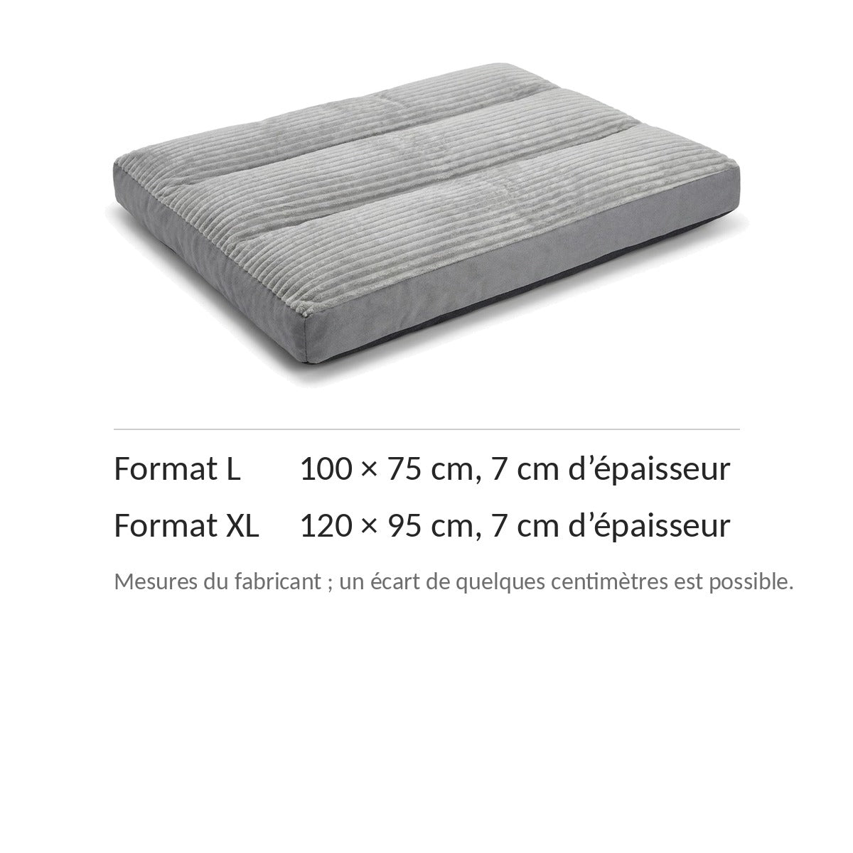 Les deux formats du matelas : 100 × 75 cm et 120 × 95 cm, 7 cm d’épaisseur