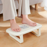 Vue de côté du repose-pieds blanc : pente douce et pieds en U