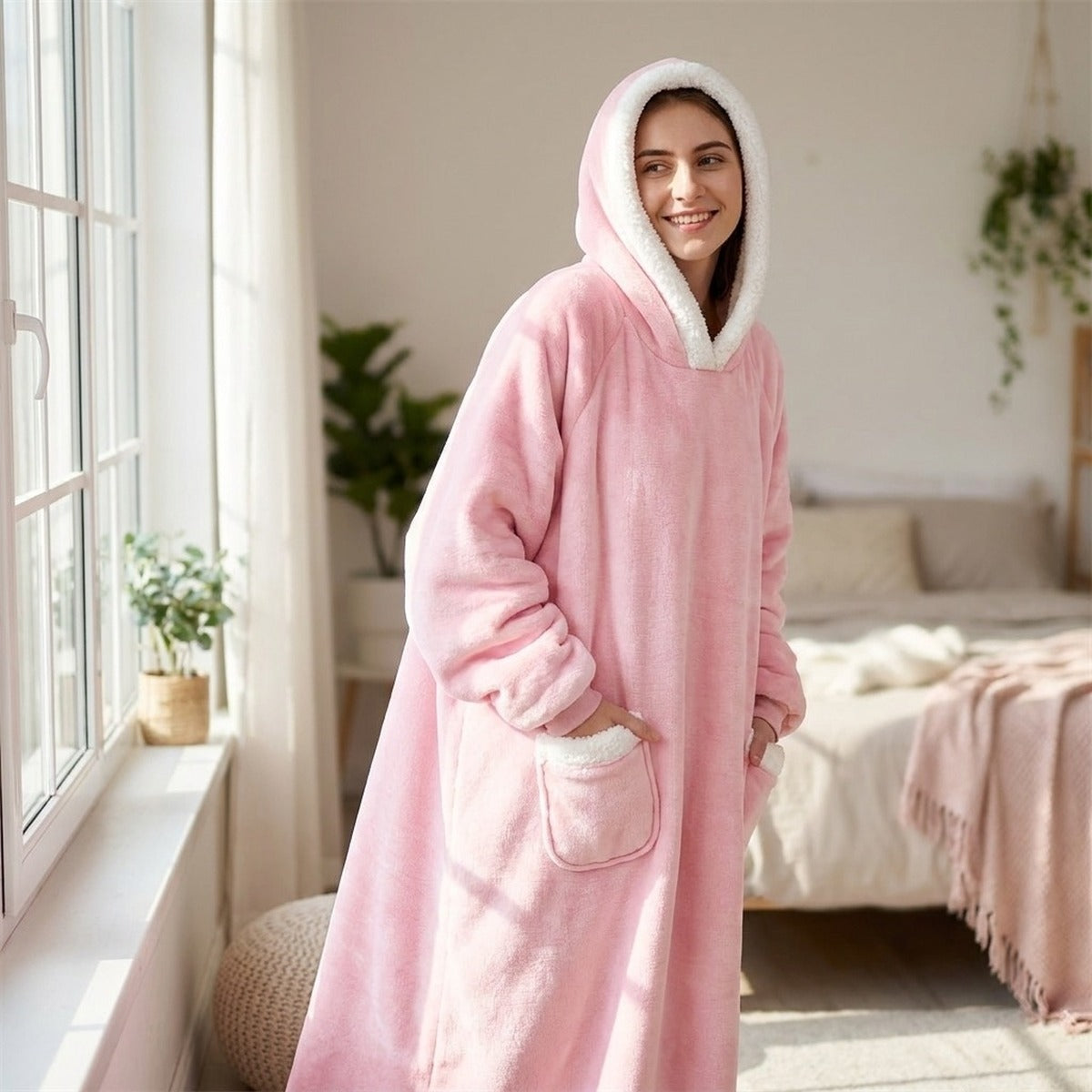 Mise en situation : sweat plaid rose porté le matin près d'une fenêtre