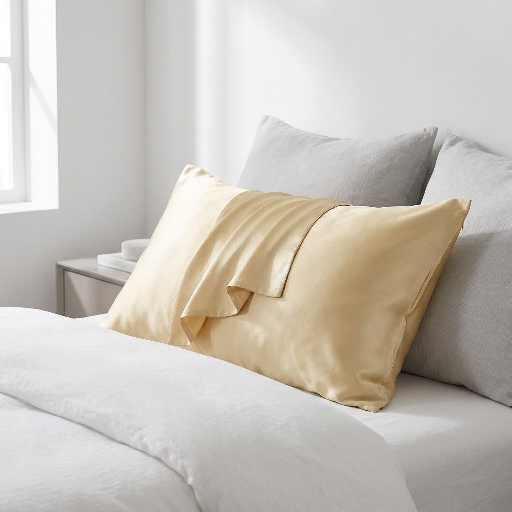 La taie d’oreiller en soie champagne sur un lit blanc