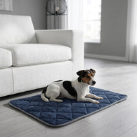 Un petit chien allongé sur le tapis auto-chauffant bleu marine