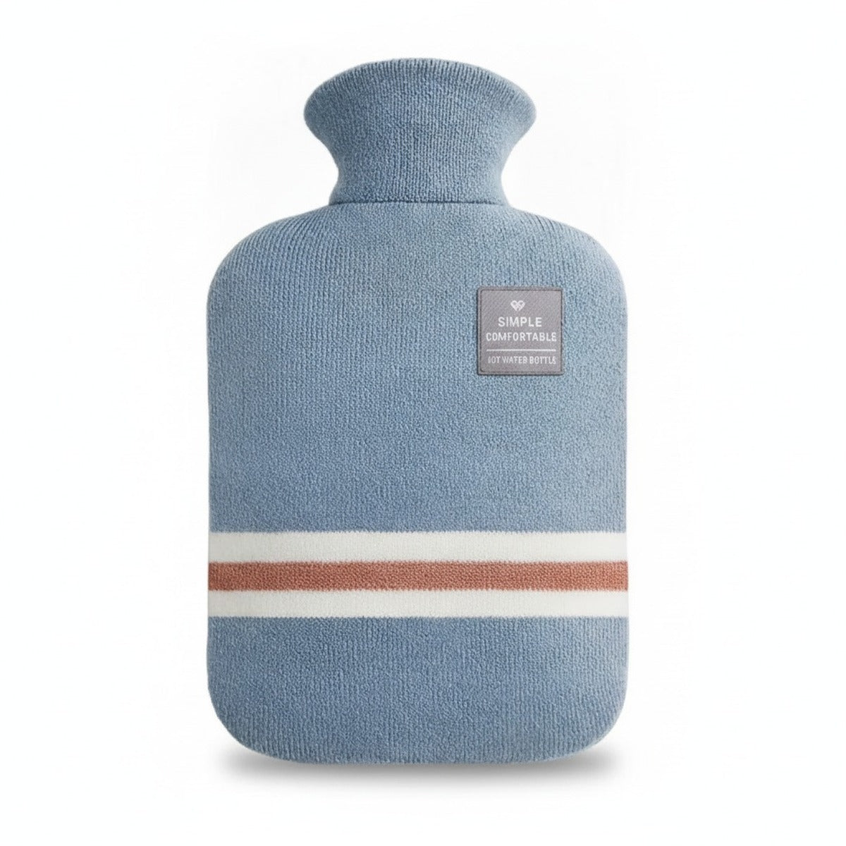 Coloris bleu : bouillotte à housse tricotée sur fond blanc