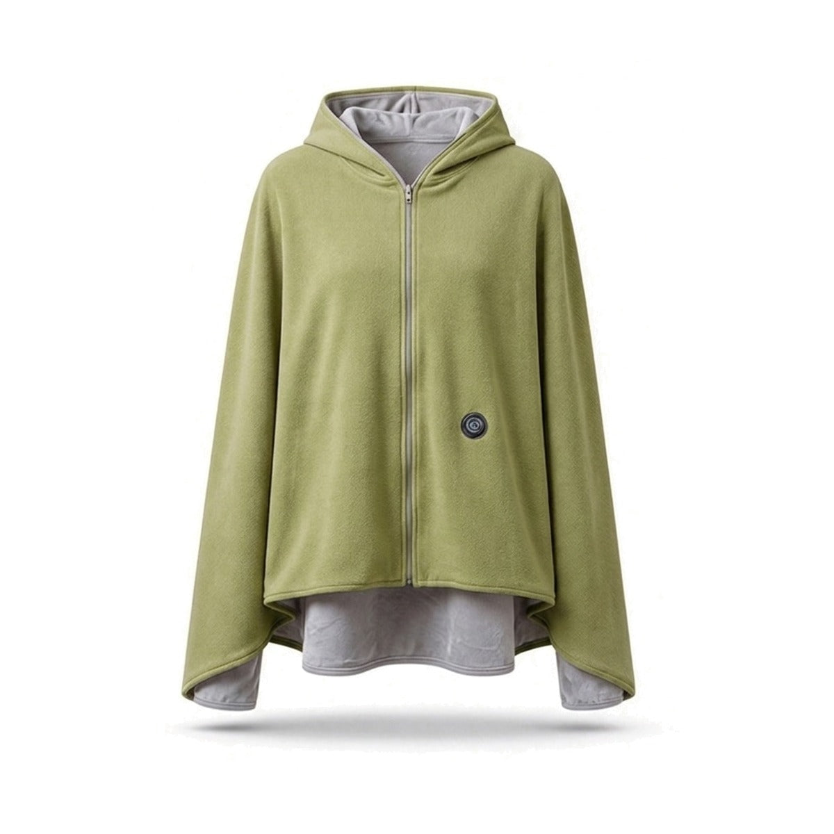 Coloris vert sauge : poncho chauffant à capuche sur fond blanc