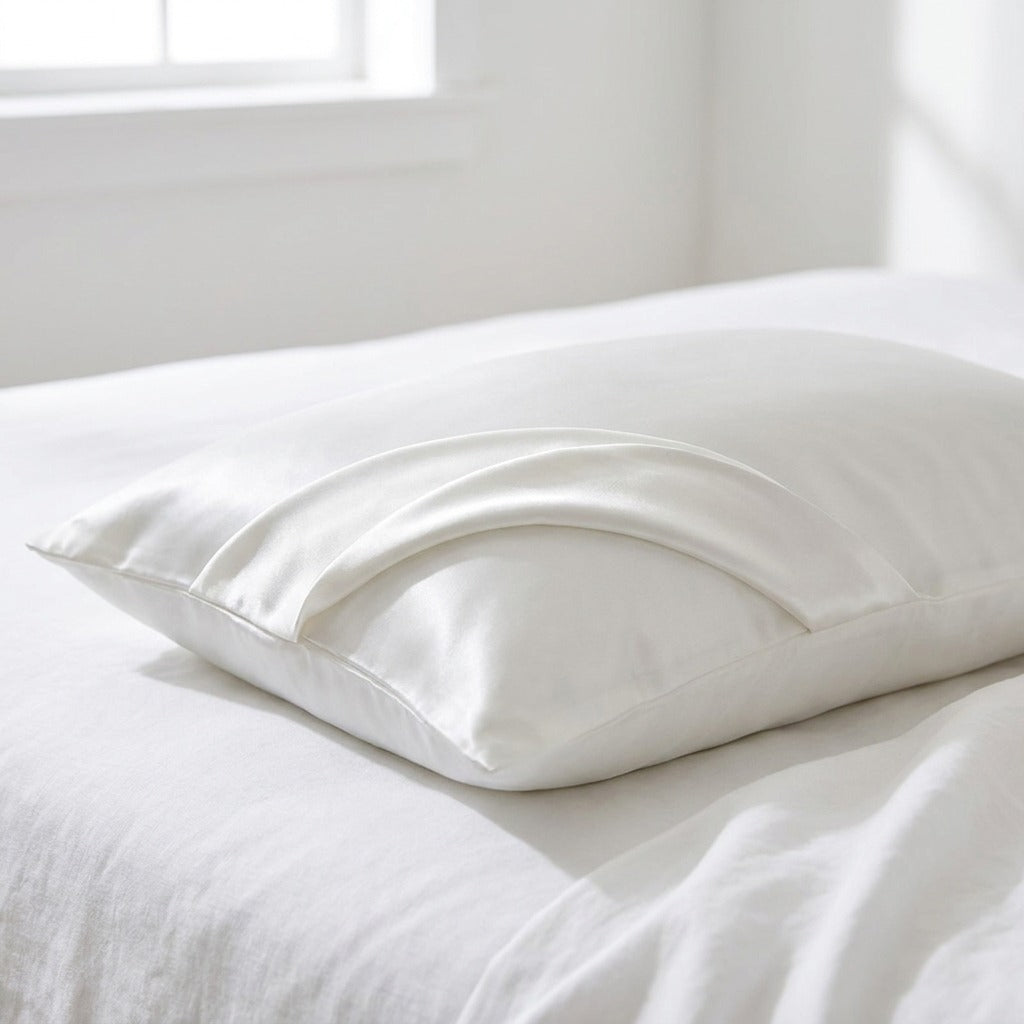 La taie en soie de mûrier sur un oreiller, sur un lit blanc