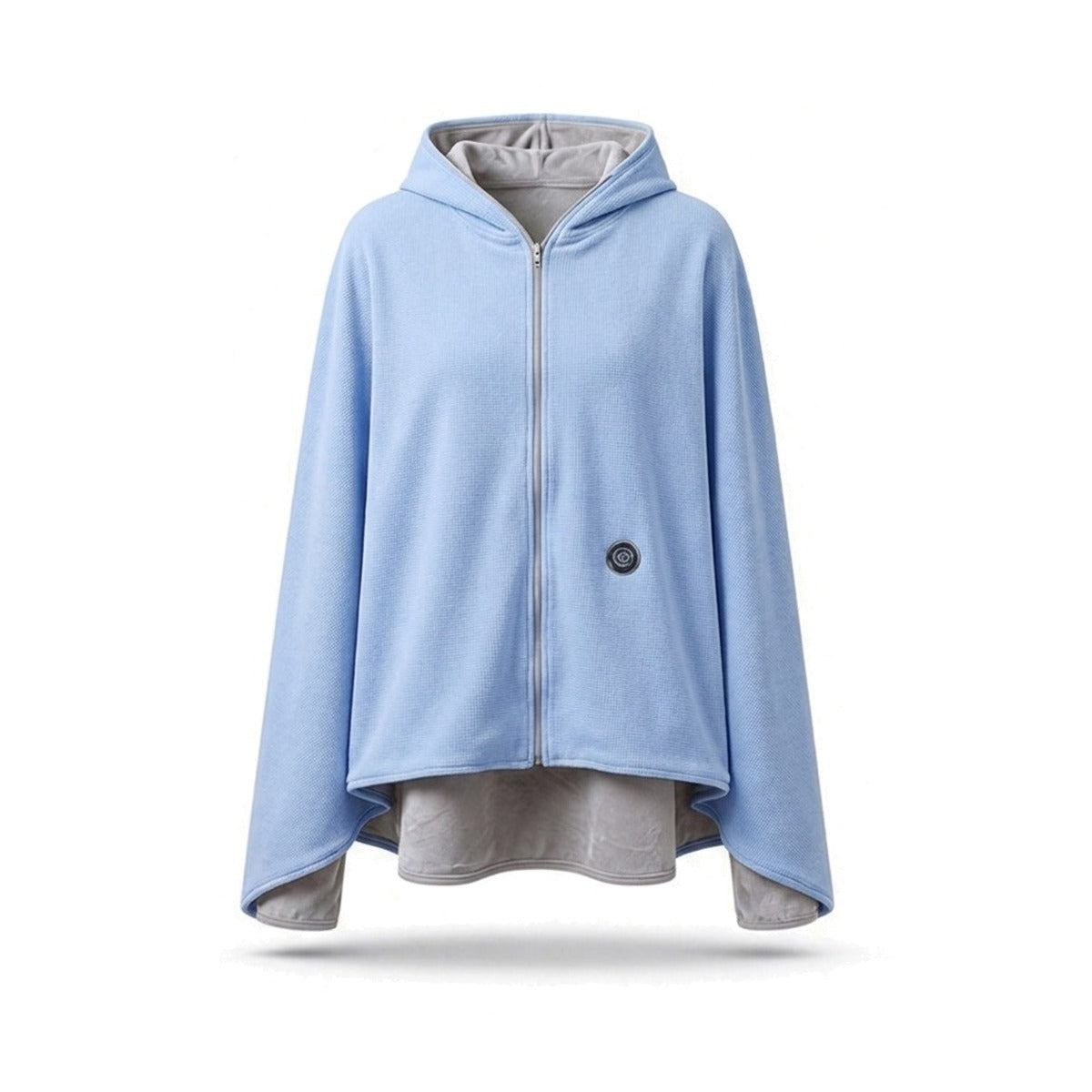 Coloris bleu ciel : poncho chauffant à capuche sur fond blanc