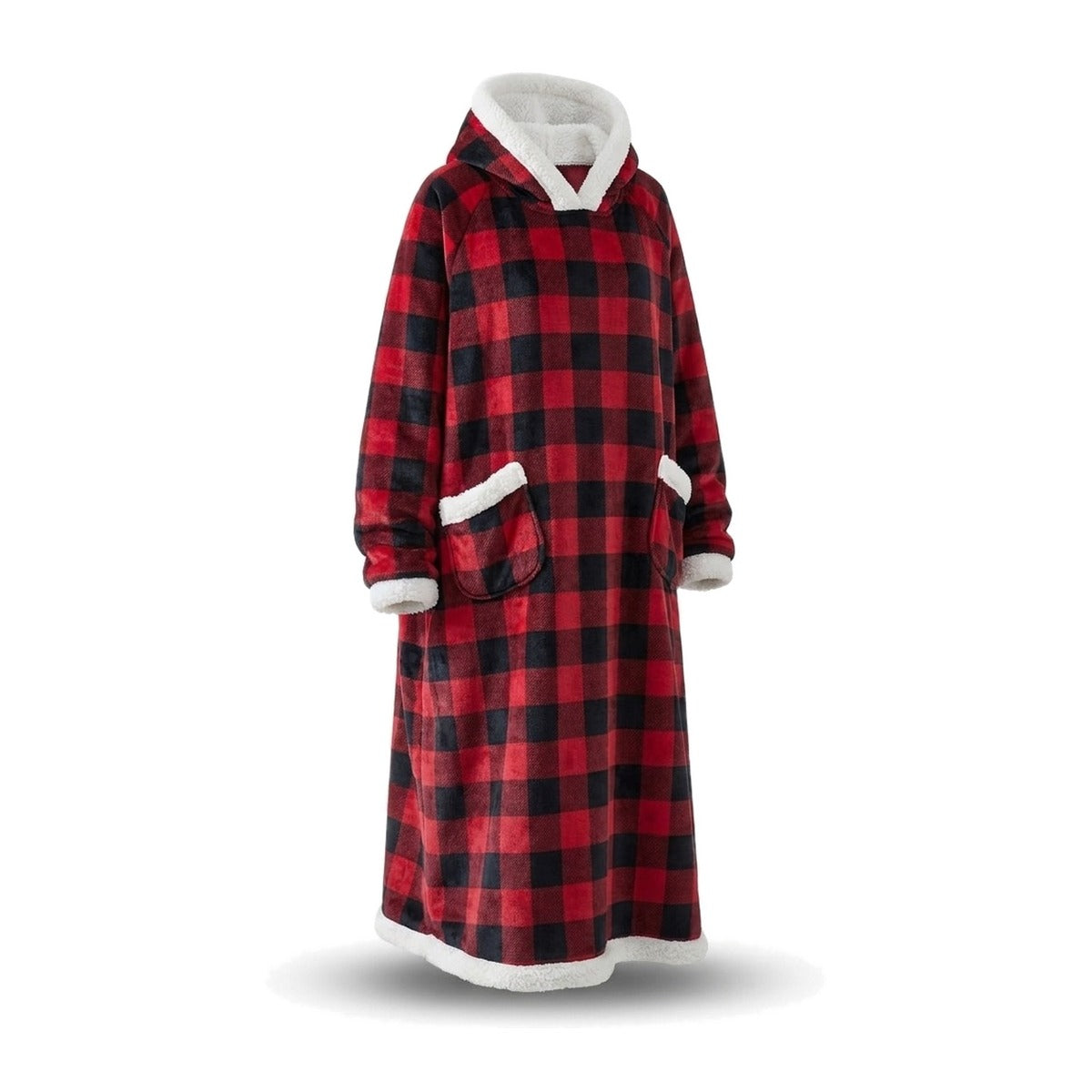 Coloris carreaux : sweat plaid à capuche rouge et noir sur fond blanc