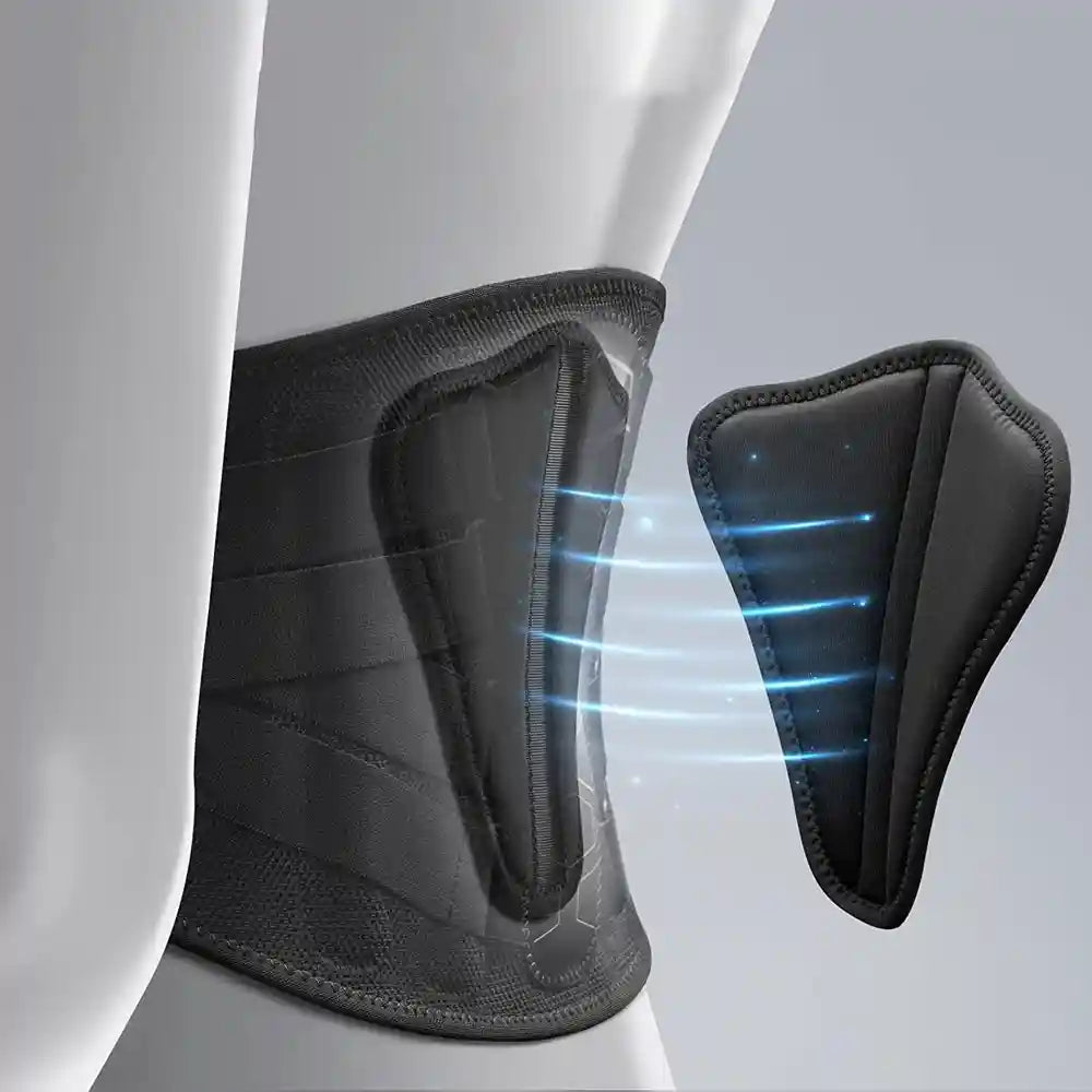 Illustration d'un panneau dorsal amovible derrière une ceinture lombaire noire
