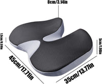 Schéma coté d'un coussin d'assise noir et gris, environ 45 × 35 cm