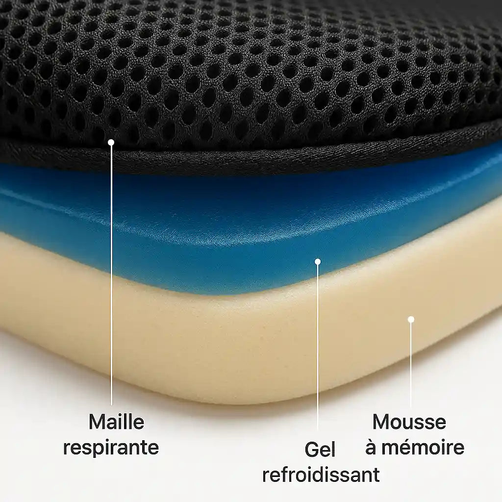 Infographie en coupe d'un coussin d'assise montrant plusieurs couches