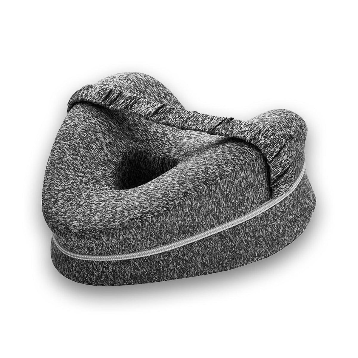 Coussin gris à deux faces profilées, ouverture centrale, fermeture à glissière et sangle