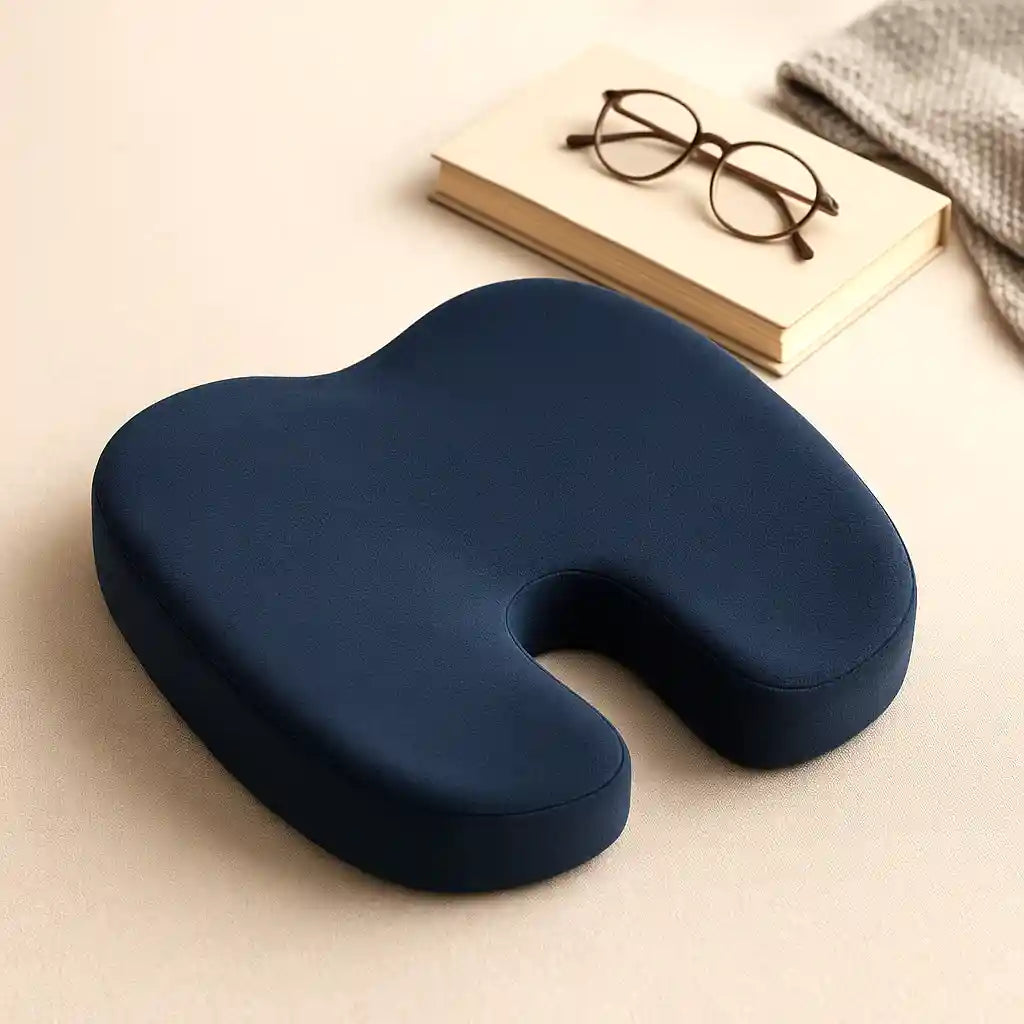 Coussin d'assise bleu à contours relevés et découpe arrière, vu de dessus