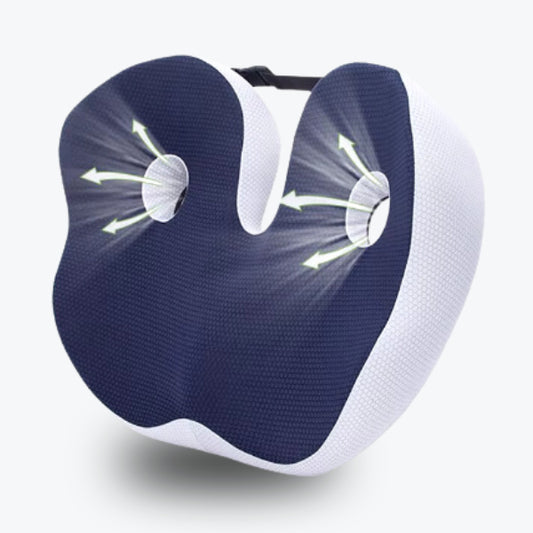 Coussin d'assise bleu profilé avec creux central et découpe arrière