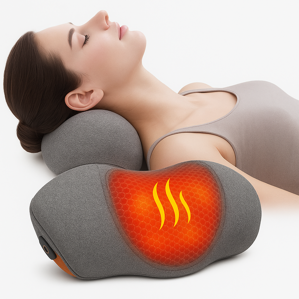 Femme utilisant un coussin massage chauffant cervical pour soulager les tensions du cou
