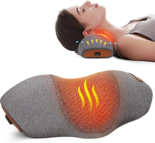 Femme utilisant un coussin massage chauffant cervical pour soulager les tensions du cou