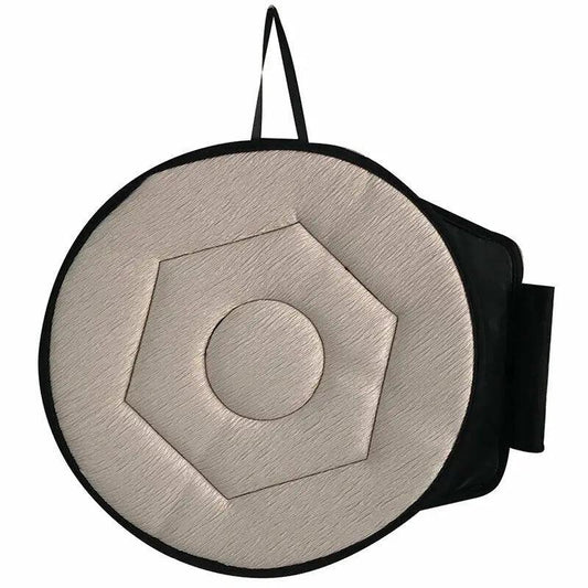 Coussin pivotant rond beige avec base textile visible