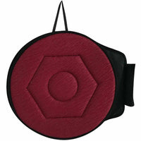 Coussin pivotant rond rouge bordeaux avec base textile visible