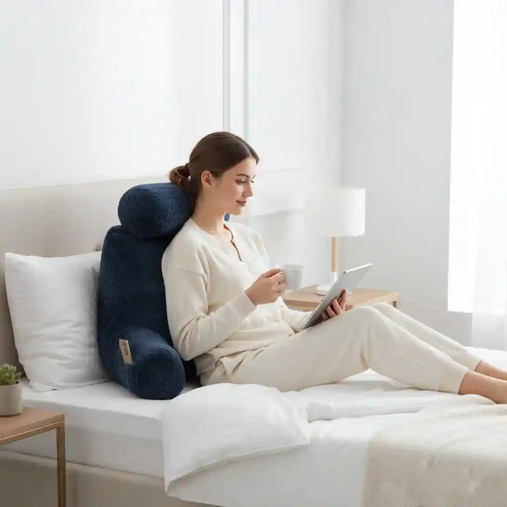 Personne lisant au lit avec un coussin de lecture