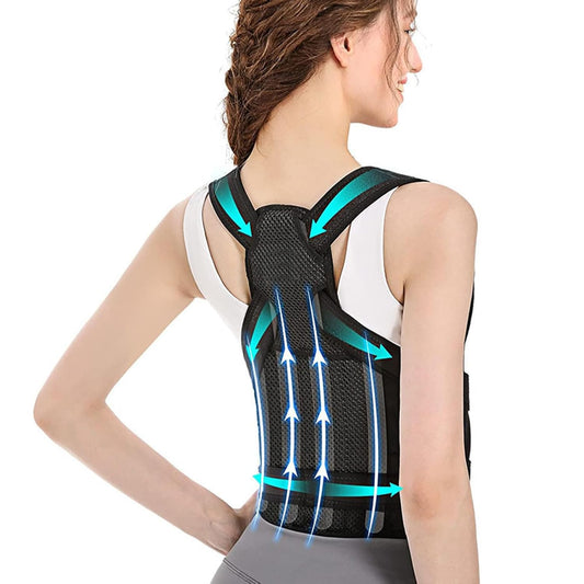 Personne vue de dos portant un accessoire noir à bretelles et ceinture avec flèches superposées