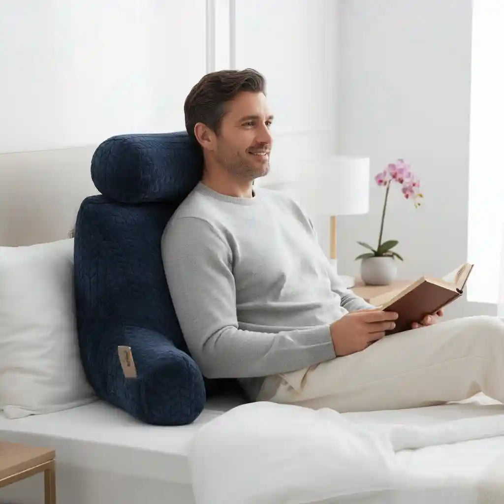 Personne utilisant un coussin de lecture gris sur un lit