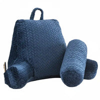 Détail du coussin de lecture bleu avec poignée de transport