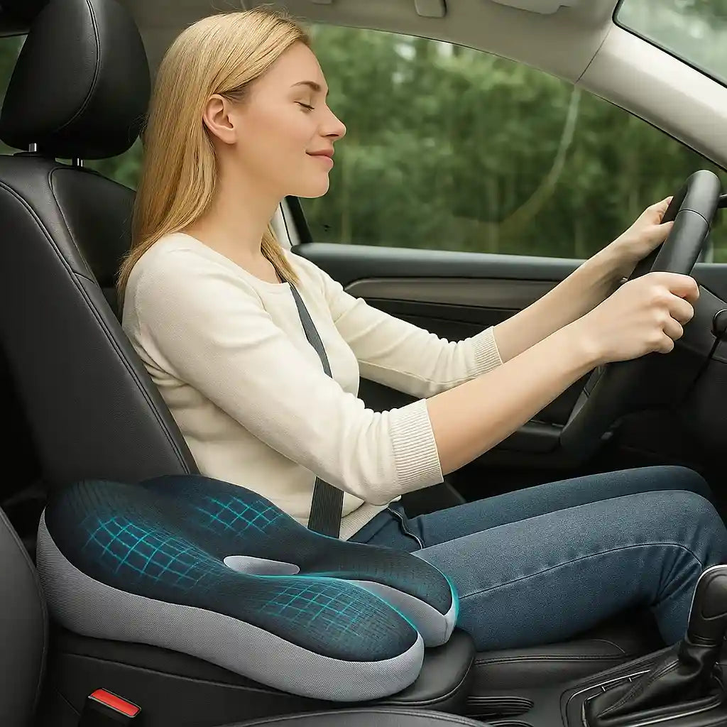 Personne assise en voiture sur un coussin incliné noir