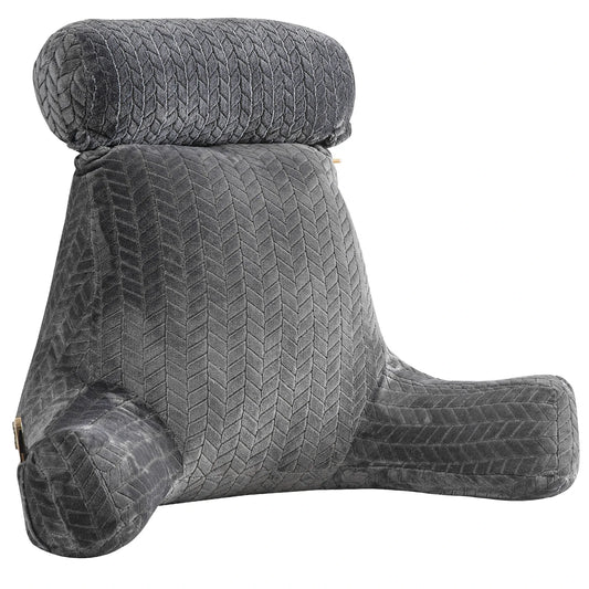 Coussin de lecture gris avec dossier haut, accoudoirs et coussin supérieur amovible