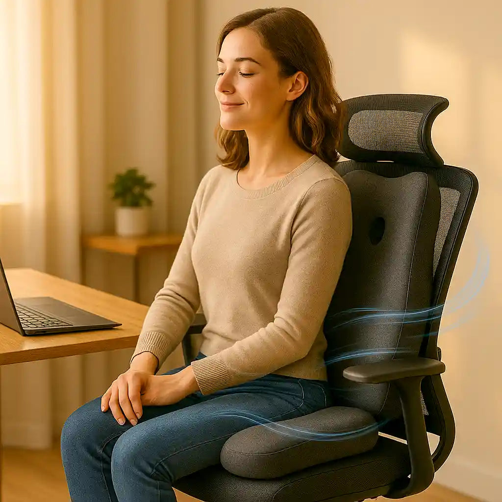 Femme assise ErgoCore bureau coussin ergonomique lombaire posture confort