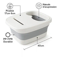 Schéma technique du Bain de Pieds Pliable AquaRetreat™ : dimensions plié (6cm) et déplié (17cm), longueur 40cm, matière PP+TPR durable, et nœuds d'acupression.
