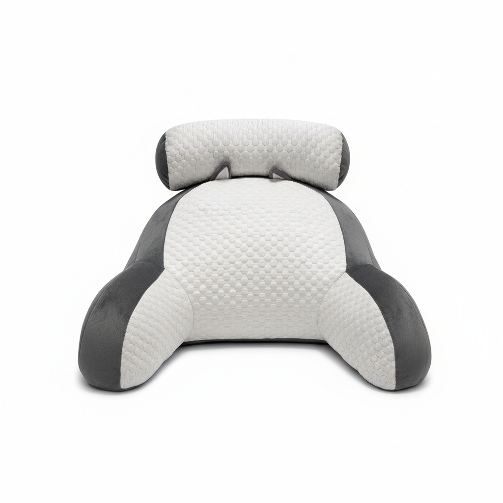 Coussin gris et blanc de forme enveloppante présenté sur un fauteuil