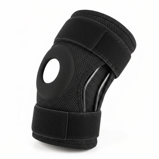 Genouillère noire avec stabilisateurs latéraux présentée sur fond clair