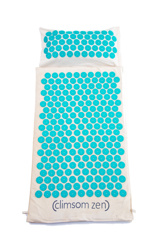 Pack CLIMSOM Zen : tapis et coussin d’acupression écrus à picots bleus, photo fabricant