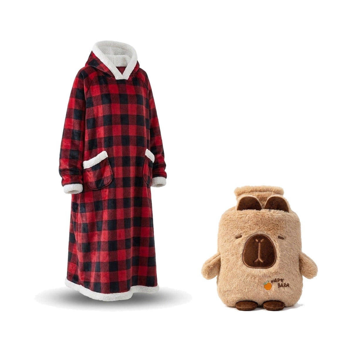 Coffret cocooning : sweat plaid à capuche carreaux et bouillotte peluche capybara, sur fond blanc