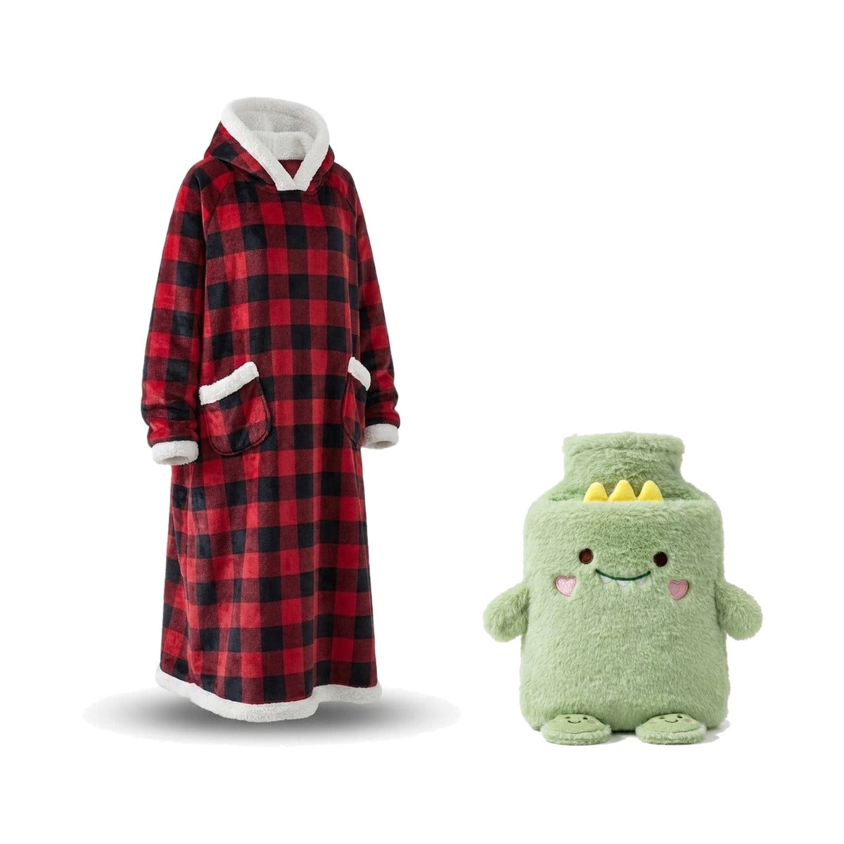 Coffret cocooning : sweat plaid à capuche carreaux et bouillotte peluche dinosaure vert, sur fond blanc