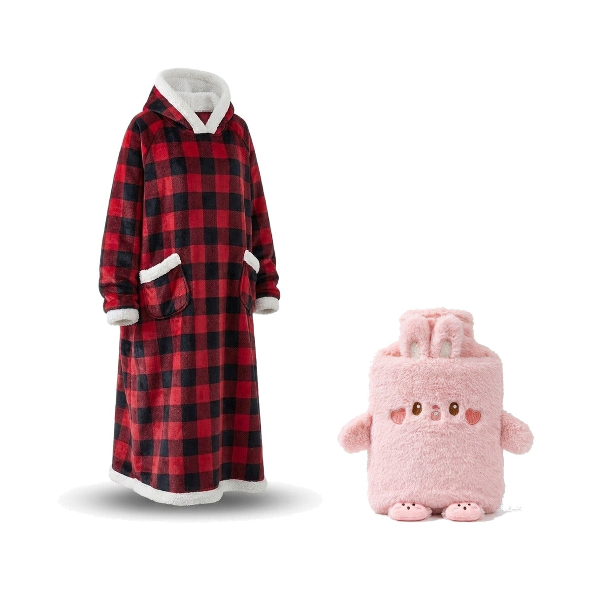 Coffret cocooning : sweat plaid à capuche carreaux et bouillotte peluche lapin rose, sur fond blanc