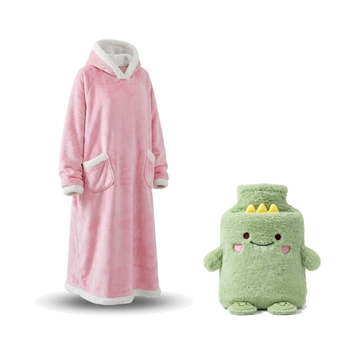 Coffret cocooning : sweat plaid à capuche rose et bouillotte peluche dinosaure vert, sur fond blanc