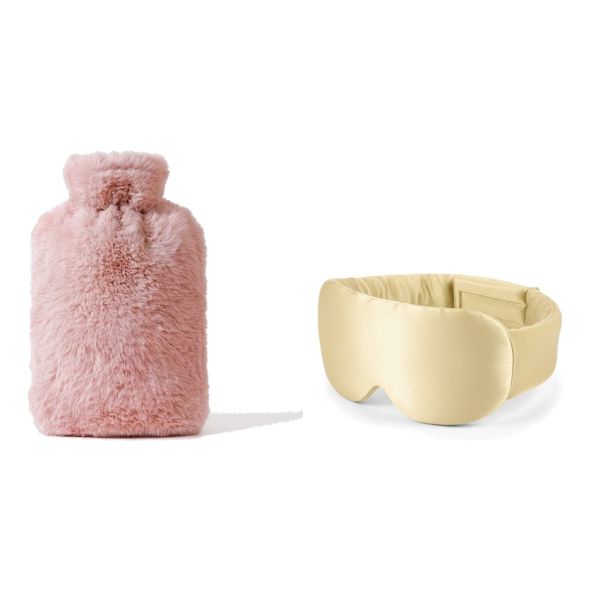 Coffret nuit au chaud : bouillotte en fausse fourrure rose et masque de nuit en soie champagne, sur fond blanc