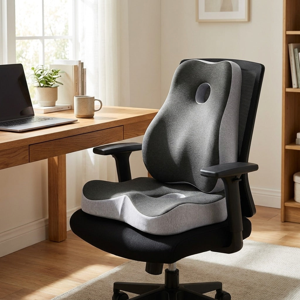 Kit PostureFrame coussin d’assise et dossier installé sur une chaise de bureau