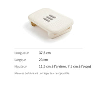 Dimensions du repose-pieds : 37,5 × 23 cm, hauteur 11,5 cm à l’arrière et 7,5 cm à l’avant