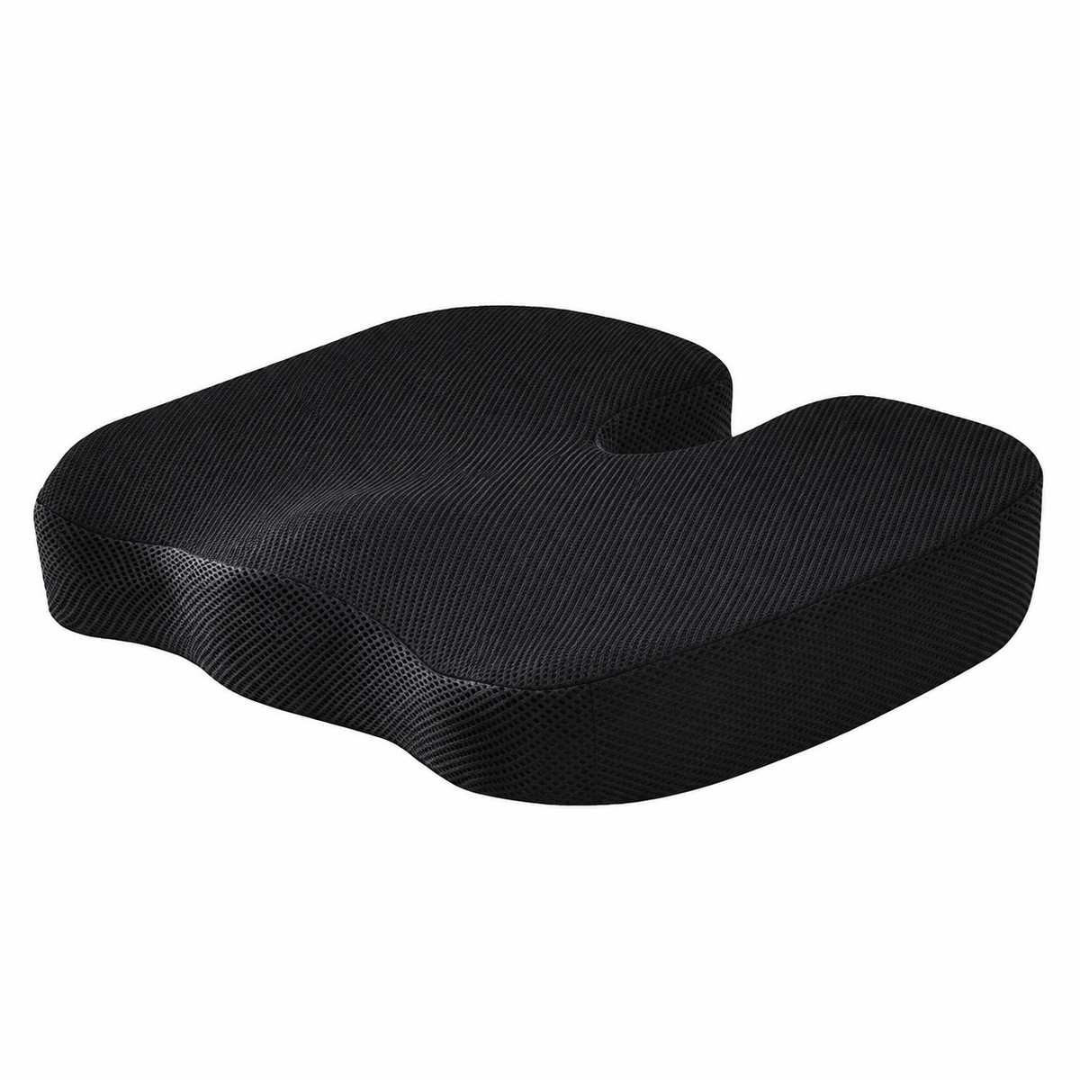 Coussin d’assise noir en maille, surface profilée et découpe arrière en U — visuel retouché