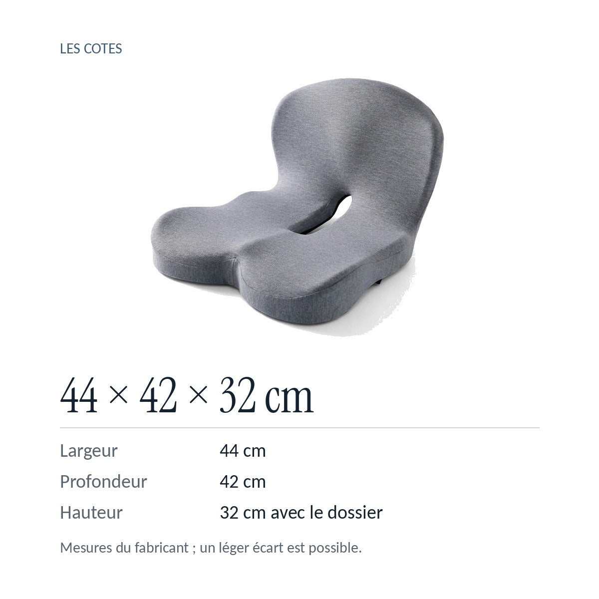 ErgoWrap : 44 × 42 cm, 32 cm de haut avec le dossier, mesures du fabricant