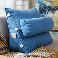 Coussin dossier de lecture triangulaire, coloris bleu, avec traversin et poche latérale