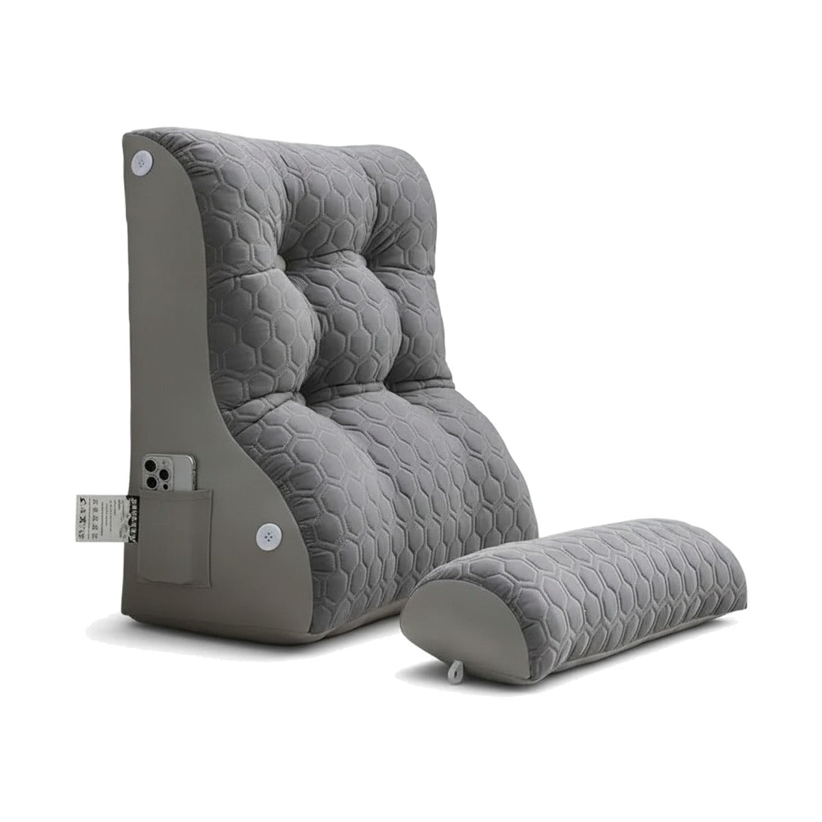 Coussin de lecture pour lit gris seul sur fond blanc