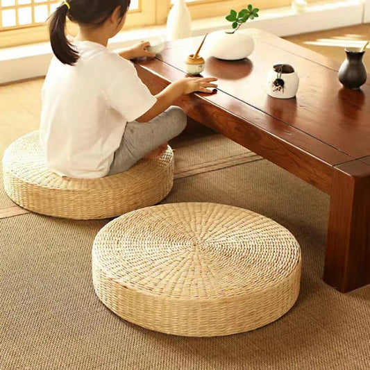 Coussin de sol japonais rond à surface tressée, vue principale