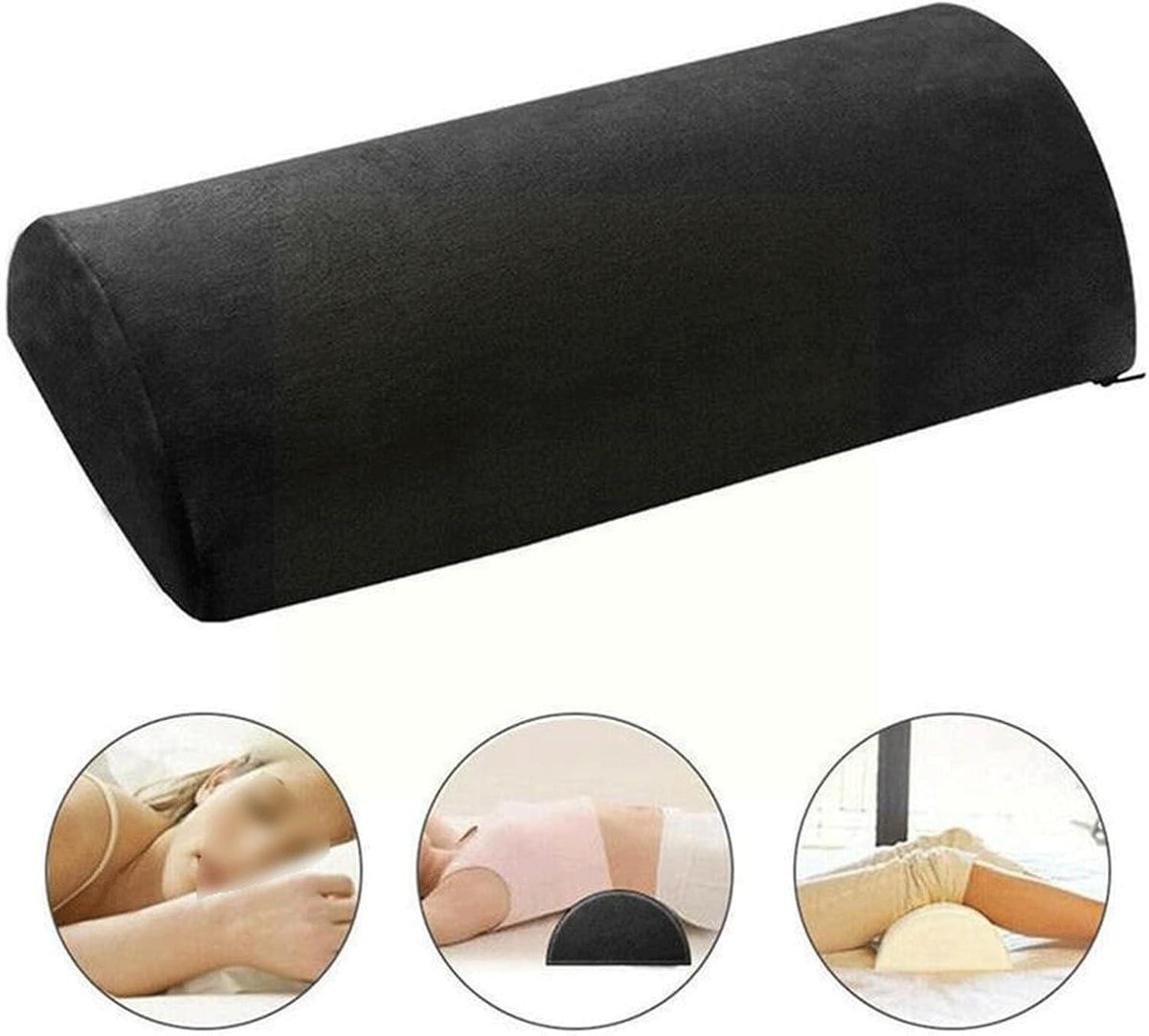 Coussin demi-lune noir avec trois exemples illustrés de positionnement