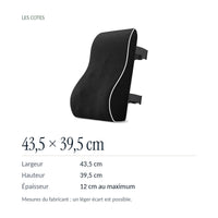 Coussin lombaire de dossier : 43,5 × 39,5 cm, 12 cm d’épaisseur maximale, mesures du fabricant