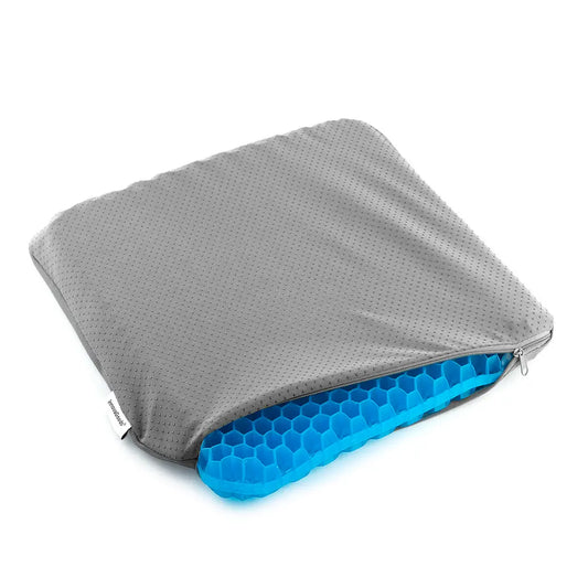 Coussin d'assise bleu à structure en nid d'abeille présenté sur fond clair